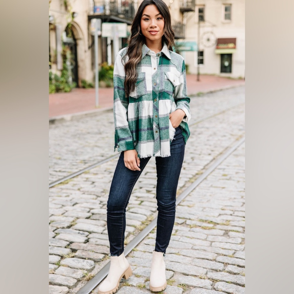 Green plaid peplum button down